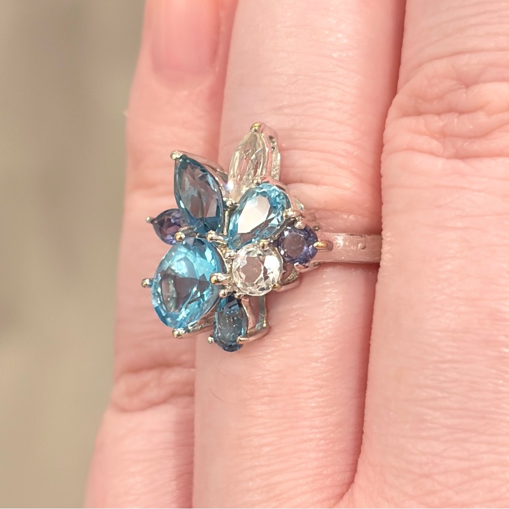 Vintage 10K Blue Topaz Cluster Ring White Gold Abstract Oval Marquis Iolite 6.25 - Picture 7 of 16